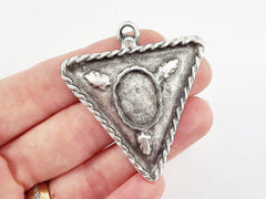 Rustic Cast Tribal Triangle Minimalist Geometric Pendant - Matte Antique Silver Plated