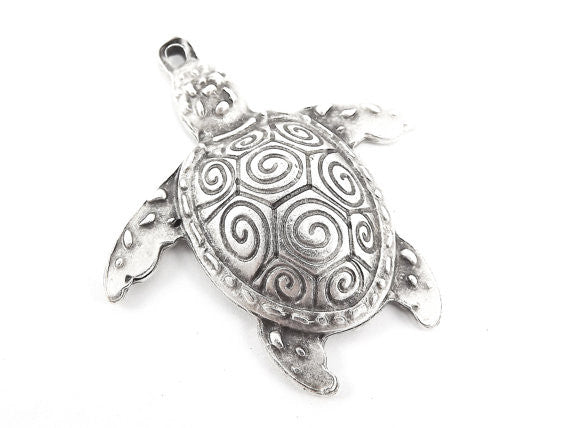 Rustic Turtle Pendant - Matte Antique Silver Plated