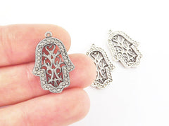 3 Flourish Fretwork Hand of Fatima Hamsa Pendant Charms - Matte Antique Silver Plated