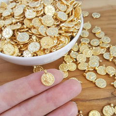 Mini Gold Coin Pendant Charms, Small Turkish Medallion Coin Beads, 22k Matte Gold Plated, 10pcs