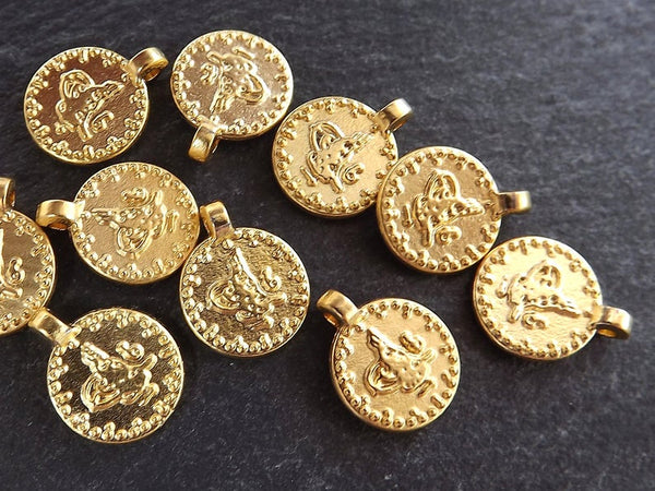 Mini Gold Coin Pendant Charms, Small Turkish Medallion Coin Beads, 22k Matte Gold Plated, 10pcs