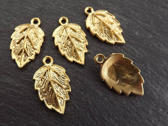 Small Leaf Pendant Charm, Serrate Metal Leaves Drop Foliage Charms, 22k Matte Gold Plated