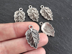 Small Leaf Pendant Charm, Serrate Metal Leaves Drop Foliage Charms, Matte Antique Silver Plated, 5pc