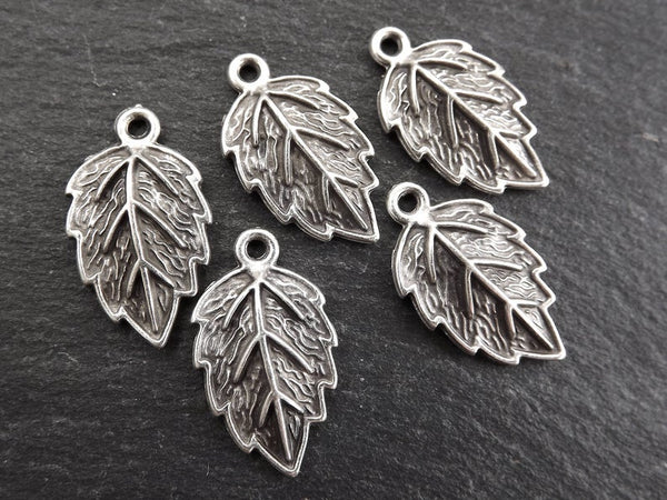 Small Leaf Pendant Charm, Serrate Metal Leaves Drop Foliage Charms, Matte Antique Silver Plated, 5pc