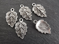 Small Leaf Pendant Charm, Serrate Metal Leaves Drop Foliage Charms, Matte Antique Silver Plated, 5pc
