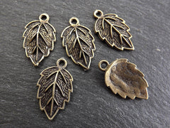 Small Leaf Pendant Charm, Serrate Metal Leaves Drop Foliage Charms, Antique Bronze Plated, 5pc