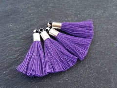 Mini Purple Heart Tassels, Earring Bracelet Tassel Fringe, Matte Silver Plated Cap, 26mm, 4pc