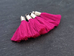 Mini Violet Pink Tassels, Earring Bracelet Tassel Fringe, Matte Silver Plated Cap, 26mm, 4pc