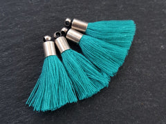 Mini Turquoise Blue Tassels, Earring Bracelet Tassel Fringe, Matte Silver Plated Cap, 26mm, 4pc
