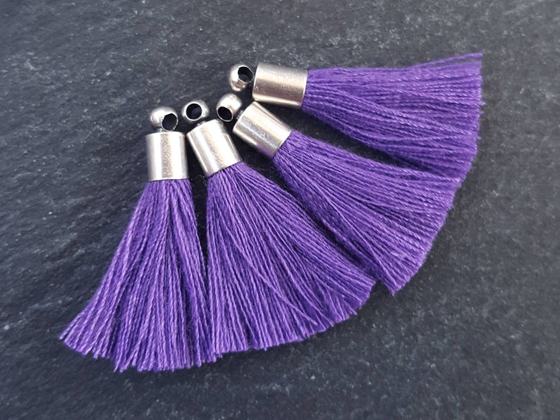 Mini Purple Heart Tassels, Earring Bracelet Tassel Fringe, Matte Silver Plated Cap, 26mm, 4pc