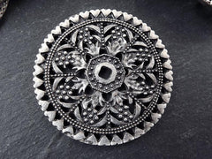 Large Silver Mandala Pendant, Rustic Round Medallion Pendant, Matte Antique Silver Plated, 1PC