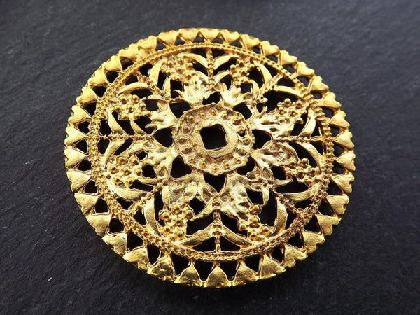 Large Gold Mandala Pendant, Rustic Round Medallion Pendant, 22k Matte Gold Plated, 1PC