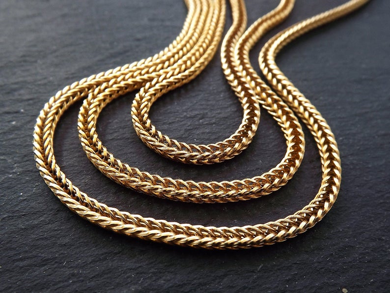 Gold Foxtail Chain, Bali Woven Rope Chain, Braided Chain, 3mm Gold Plated Fox Tail Snake Chain, 22k Matte Gold Plated, 1 Meter