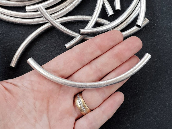 Silver Necklace Tube, Silver Curve Tube, Textured Tube, Tube Bead, Lightweight Tube, Necklace Pendant, Matte Silver Plated - 1 pc