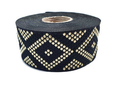 Black Gold Geometric Dot Diamond Woven Jacquard Trim, Embroidered Ribbon, 35mm, Sewing Supplies