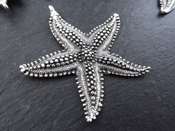 Large Starfish Sea Star Necklace Pendant, Side Facing Bail, Matte Antique Silver Plated, 1pc