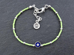 Light Green Evil Eye Bracelet, Good Luck Gift, Protective, Friendship Bracelet, Nazar, Silver