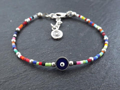 Rainbow Evil Eye Bracelet, Good Luck Gift, Protect Bracelet, Friendship Bracelet, Nazar, Silver