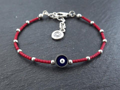 Red Evil Eye Bracelet, Good Luck Gift, Protect Bracelet,  Friendship Bracelet, Nazar, Silver