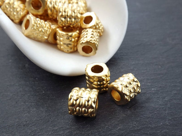 Large Gold Bubble Tube Bead, Barrel Bead, Bead Spacer, Gold Tube Beads, 22k Matte Gold, 3pc
