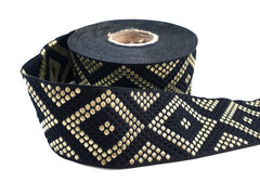 Black Gold Geometric Dot Diamond Woven Jacquard Trim, Embroidered Ribbon, 35mm, Sewing Supplies