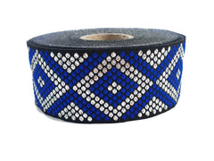 Royal Blue Silver Geometric Dot Diamond Woven Jacquard Trim, Embroidered Ribbon, 35mm