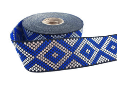 Royal Blue Silver Geometric Dot Diamond Woven Jacquard Trim, Embroidered Ribbon, 35mm