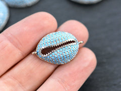 Cowrie Shell Connector Charms, Silver Rhinestone Shell Charms, Blue Micro Pave Cowrie Shell