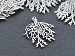 Silver Conifer Leaf Branch Pendant Charm, Metal Leaf Pendant, Matte Antique Silver Plated
