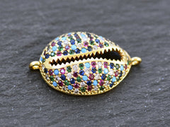 Cowrie Shell Connector Charms, Gold Rhinestone Shell Charms, Rainbow Micro Pave Cowrie Shell