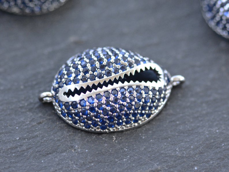 Cowrie Shell Connector Charms, Silver Rhinestone Shell Charms, Navy Blue Micro Pave Cowrie Shell