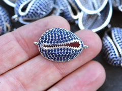 Cowrie Shell Connector Charms, Silver Rhinestone Shell Charms, Navy Blue Micro Pave Cowrie Shell