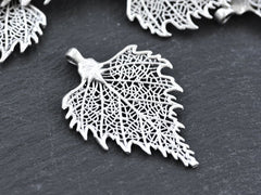 Silver Skeleton Leaf Pendant Charm, Filigree Leaf, Antique Silver Plated