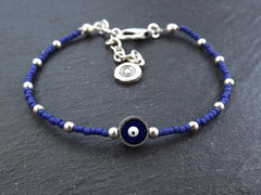 Navy Blue Evil Eye Bracelet, Good Luck Gift, Protective Bracelet, Friendship Bracelet, Nazar, Silver