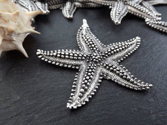 Large Starfish Sea Star Necklace Pendant, Side Facing Bail, Matte Antique Silver Plated, 1pc
