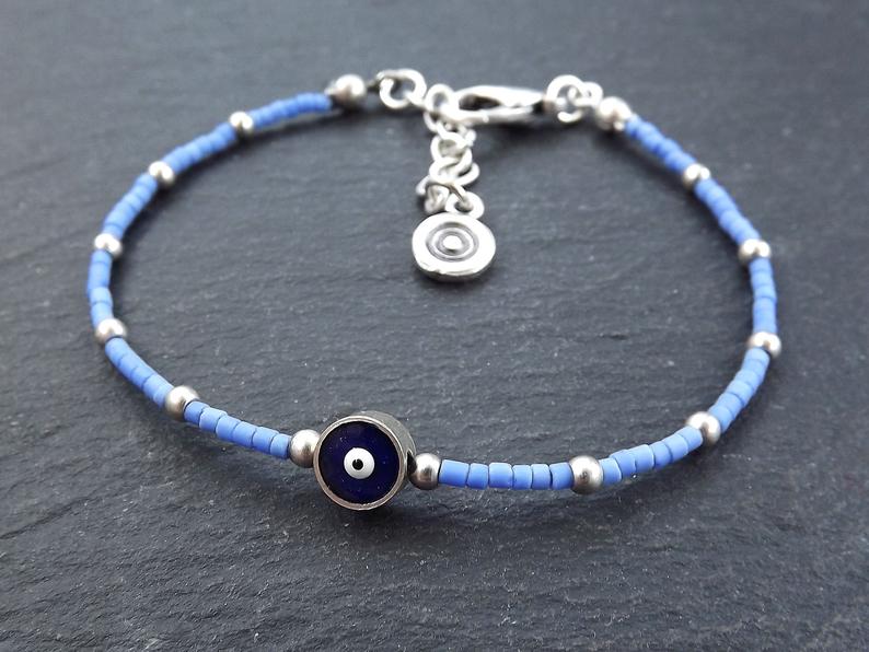 Silver Evil Eye Bracelet, Blue Evil Eye Nazar Greek Jewelry Bracelet, –  Sirioti Jewelry