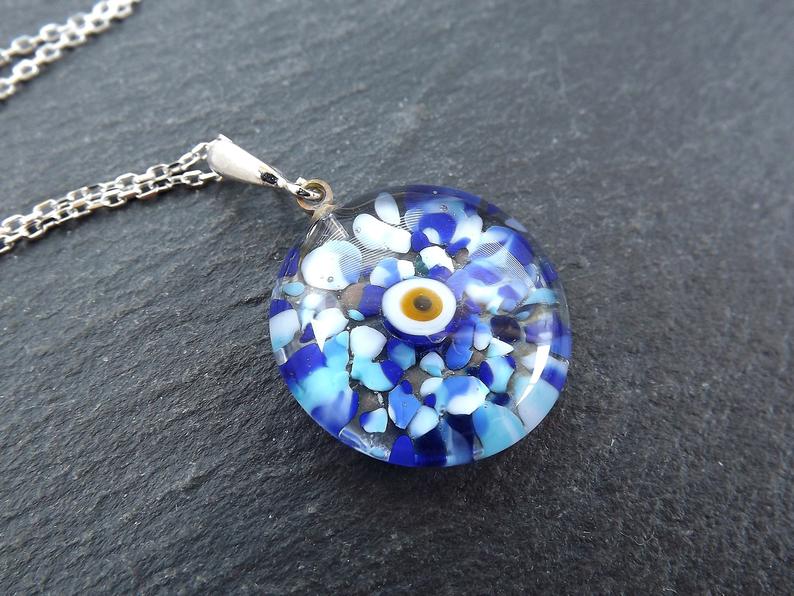 Blue Evil Eye Necklace, Protective Turkish Nazar, Good Luck Gift, Sterling Silver 18
