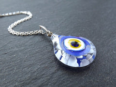Blue White Evil Eye Necklace, Protective Turkish Nazar, Luck Gift, Sterling Silver 18 inch Chain