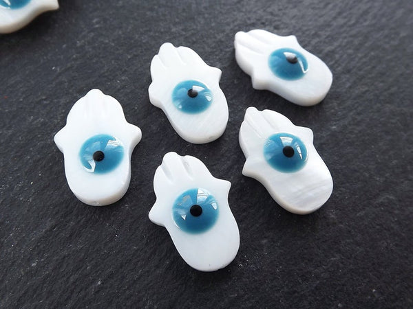5 Mother of Pearl Evil Eye Hamsa Hand Beads, Enamel Evil Eye Bead, Carved MOP Beads, 20x14mm