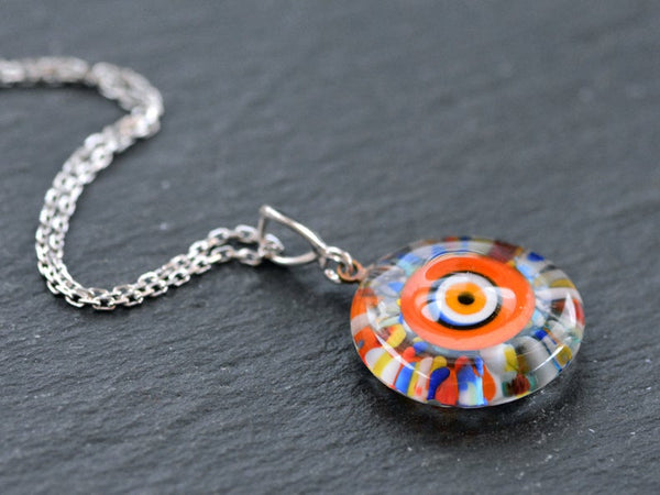 Orange Evil Eye Necklace, Protective Turkish Nazar, Good Luck Gift, Sterling Silver 18'' Chain