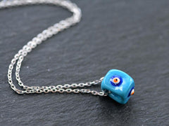 Blue Square Evil Eye Necklace, Protective Turkish Nazar, Good Luck Gift, Sterling Silver 18'' Chain
