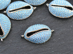 Cowrie Shell Connector Charms, Silver Rhinestone Shell Charms, Blue Micro Pave Cowrie Shell