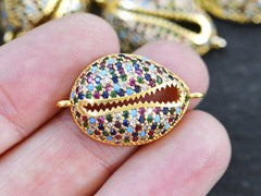 Cowrie Shell Connector Charms, Gold Rhinestone Shell Charms, Rainbow Micro Pave Cowrie Shell