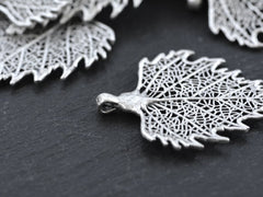 Silver Skeleton Leaf Pendant Charm, Filigree Leaf, Antique Silver Plated