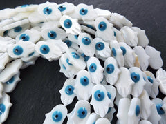 5 Mother of Pearl Evil Eye Hamsa Hand Beads, Enamel Evil Eye Bead, Carved MOP Beads, 20x14mm
