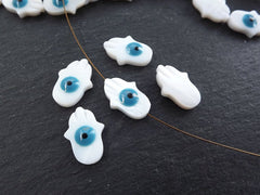 5 Mother of Pearl Evil Eye Hamsa Hand Beads, Enamel Evil Eye Bead, Carved MOP Beads, 20x14mm