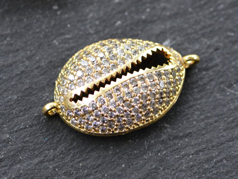 Gold Cowrie Shell Connector Charms, Clear Rhinestone Shell, Micro Pave, Bracelet Charm