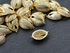 Gold Cowrie Shell Connector Charms, Clear Rhinestone Shell, Micro Pave, Bracelet Charm