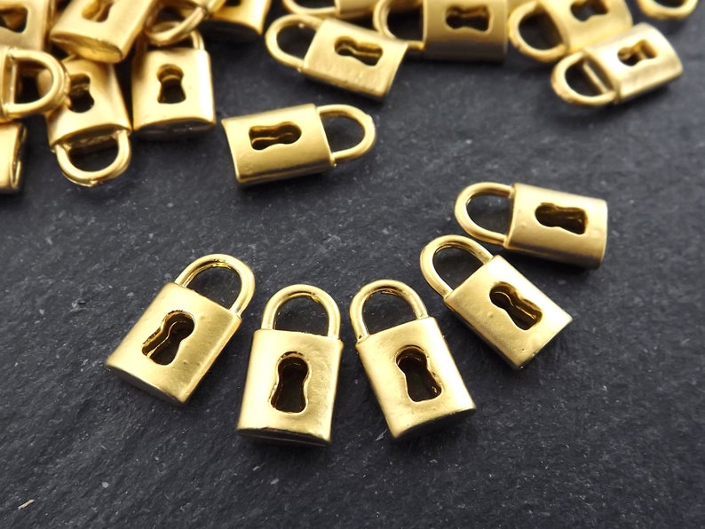 8 Mini Gold Padlock Charm Pendants, Keyhole Lock Pendant, 22k Matte Gold Plated, 13x7mm