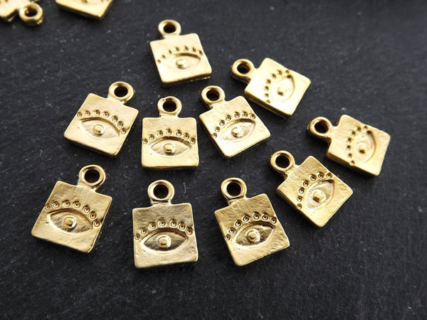 Gold Mini Square Evil Eye Pendant Charms, Luck Protective Amulet, 22k Matte Gold Plated, 10pcs